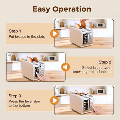 2 Slice Touch Screen Toaster, Stainless Steel Toaster with Wide Slots for Bagels and Bread, Reheat/Defrost/Cancel Functions, Removable Crumb Tray, Cream Color