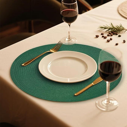 FunWheat Round Braided Placemats Set of 6 Place mats for Dining Tables Woven Heat Resistant Table Mats 15 inch (Dark Green)