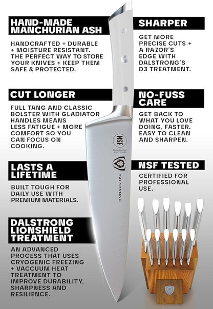 Dalstrong 12-Piece Knife Block Set - Gladiator Series Elite - White Handles - German HC Steel - Hand-Made Manchurian Ash Wood Block - NSF Certified