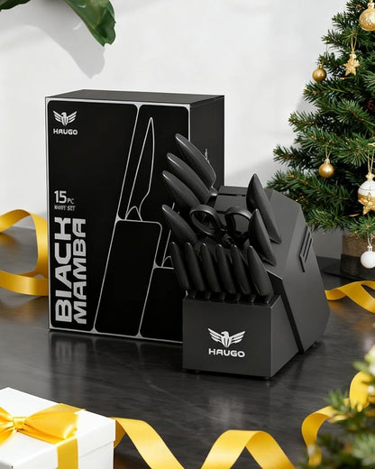 Knife Set - Haugo 15 PCS Kitchen Knife Set with Built in Sharpener - High Carbon German Stainless Steel - Dishwasher Safe Knife Block Set - Anti-Slip Handle - Black Mamba Series