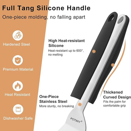 Stainless Steel Spatula Set, 13.3" Large & 11.3" Small Slotted Fish Turner with Silicone Handle, Metal Spatulas for Kitchen, Grilling, Cooking Utensils Flipper for Fish, Egg, Pancake (2 Pack)