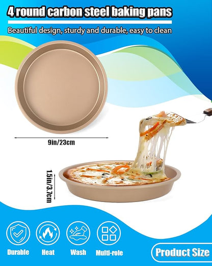 Round Cake Pans, 4 Pack 9" Nonstick Baking Cake Pans Circle Cake Pan For Birthday Wedding Christmas, Steaming Serving (Gold)