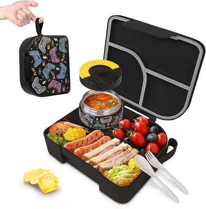TinyPalsa Bento Box for Kids with 10oz Thermos, Durable Lunch Box with Leak Proof Insulated Food Jar, 3 Compartments with Portable Handle for Ages 3+, Dishwasher Safe, Ideal for School, Travel (Game)