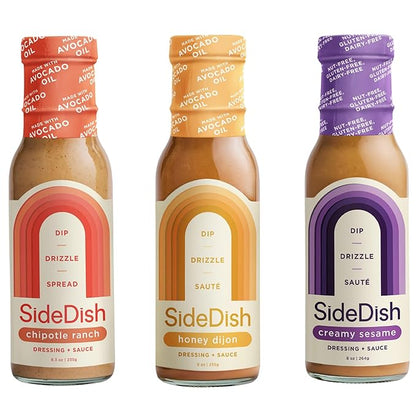 SideDish Salad Dressing Variety Pack (Pack of 3) – Chipotle Ranch, Creamy Sesame, Honey Dijon Made w/Avocado Oil – Healthy, Dairy & Gluten Free Cooking Sauces – Whole30 Dressing for Dips, Sauces