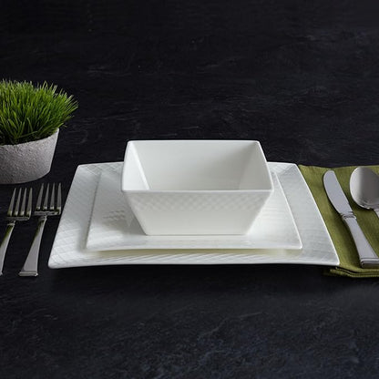 Trellis White Square 16 Piece Dinnerware Set, Service For 4