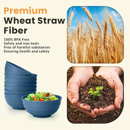 Homienly Deep Noodle Bowls Set of 8: 60oz Large Wheat Straw Bowls for Pho, Ramen & Salad, Lightweight & Unbreakable, Microwave Safe for Camping, Cereal & Soup (Blue)