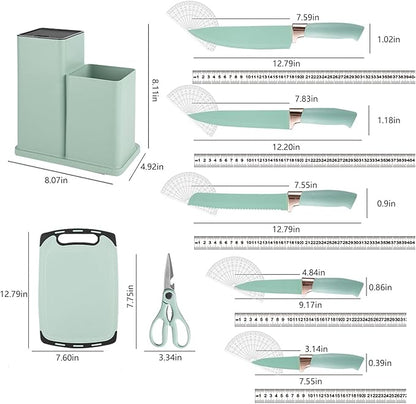 Cooking Utensils Set - 19 Piece Set with 11 Spatulas, 6 Sharp Knives, Silicone Utensils & Cutting Board (Green)