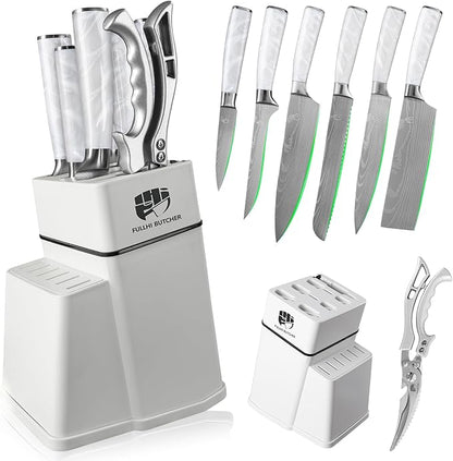 FULLHI 8pcs block Knife Set,chef's Knves Set with Block and Sharpener, Kitchen Knife Set,Multi-colour Handle, Gifts for Men Women