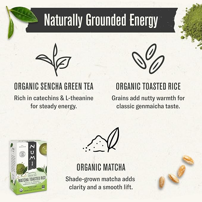 Numi Organic Tea Matcha Toasted Rice, 100 Count Box of Tea Bags, Green Tea (Packaging May Vary)