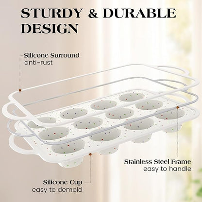 8 Pcs Silicone Muffin Pan Set, 12 Cup Regular and 24 Cup Mini Nonstick Muffin Tray with 6 Pcs Utensils, Silicone Muffin Pan for Baking with Metal Reinforced Frame BPA Free (8 Pcs, Cream)