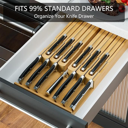 Domax Bamboo In-drawer Knife Block - Knife Drawer Organizer Insert Large Handle Steak Knife Holder, Kitchen Drawer Knife Organizer Fits for 12 knives and 1 Sharpening Steel (Not Included)