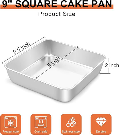 LIANYU 9 Inch Square Cake Pan, Stainless Steel Baking Lasagna Brownie Bread Pan, Perfect for Birthday Party Wedding, Oven & Dishwasher Safe