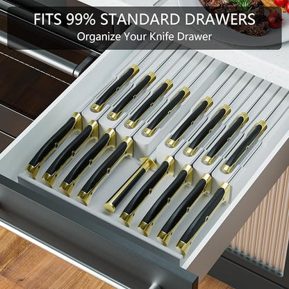 Domax Bamboo In-drawer Knife Block - Knife Drawer Organizer Insert Large Handle Steak Knife Holder, Kitchen Drawer Knife Organizer Fits for 16 knives and 1 Sharpening Steel (Not Included), White
