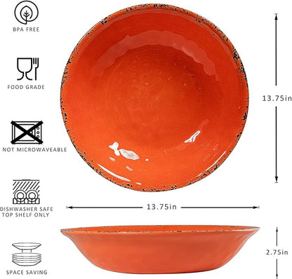 Rustic Melamine 130 OZ Serving Bowls,13.75” Durable Extra Large Melamine Pasta,Salad Serving Bowls, Set of 2, Large Fruit Bowls for Entertaining, Dishwasher Safe, Orange