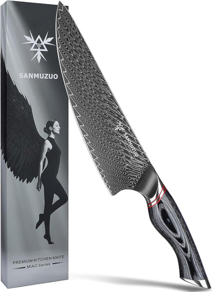 Chef Knife 8 Inch - Professional Japanese Kitchen Knife - Black Damascus Steel with Ergonomic Handle - MIAO Series
