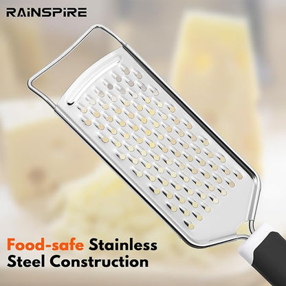 Rainspire Professional Cheese Graters for Kitchen Stainless Steel Handheld, Metal Lemon Zester Grater With Handle For Cheese, Chocolate, Spices, Kitchen Gadgets And Tools, Soft Grip Handle, Black