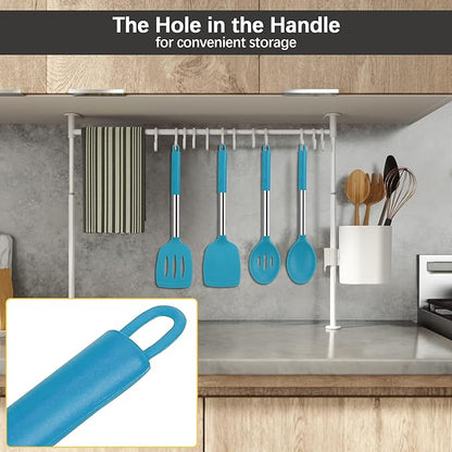Silicone Spatula Spoon Set, 4 PCS Silicone Cooking Utensils Spatula Spoon Set with Stainless Steel Handle, BPA Free Kitchen Turners for Frying, Mixing, Serving, Draining, Turning, Stirring, Blue