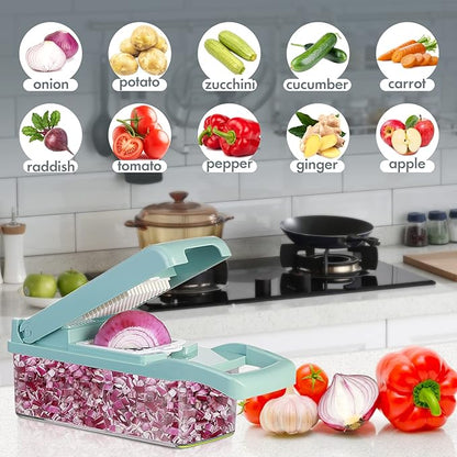 Ourokhome Vegetable Chopper Onion Cutter, 12 in 1 Professional Mandoline Slicer for Kitchen, Multifunctional Food Chopper for Potato, Tomato, Veggie with Strainer Basket, 8 Blades, Blue