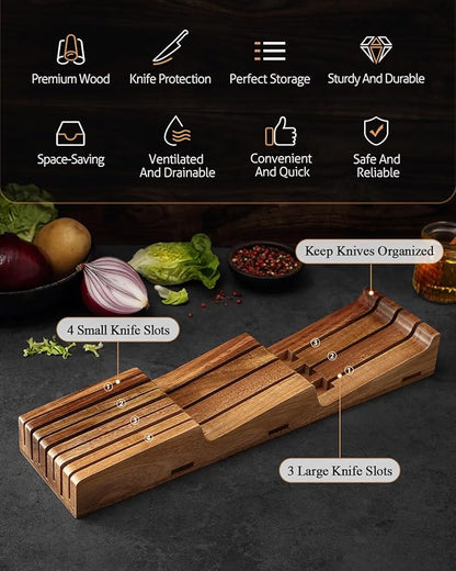 XINZUO In-drawer Knife Block, Natural Acacia Knife Drawer Oganizer, Insert-Kitchen Storage Holder, 7 Slots, Holds up to 7 Various Size Knives, Countertop Saving&Knife Protective