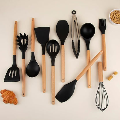 Silicone Cooking Utensils Set, Premium Beech Wood Handle Kitchen Gadgets Utensil Set, Non-Stick Kitchen Utensils Spatula, Tongs, Turner, Whisk, Brush, Spoon, BPA FREE, 446°F Resistant (Black)
