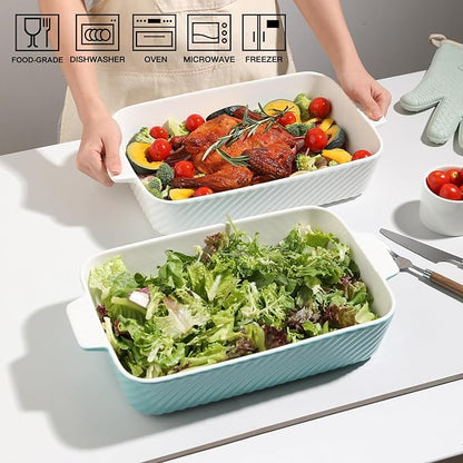 Sweejar Ceramic 13 x 9 Baking Pan, Cake Baking Dish for Brownie, Porcelain Striped Casserole Dishes for Oven with Handle for Lasagna, Family Dinner(White)