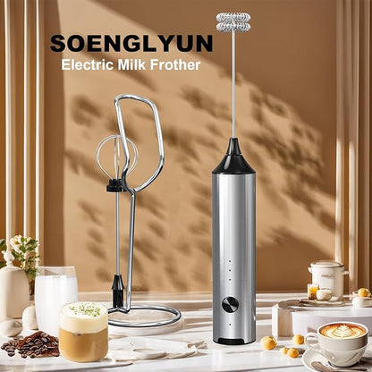 Rechargeable Milk Frother with Stand, 3 Speeds Drink Mixer Handheld with 2 Heads, Electric Frother Wand for Coffee, Latte, Cappuccino, Hot Chocolate, Matcha and Egg Mini Frother, Silver