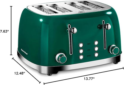 Roter Mond 4 Slice Toaster Retro Stainless Steel with Bagel Defrost Cancel Function, 6 Browning Settings, Extre Wide Slot and Removable Crumb Tray, Green, ST033