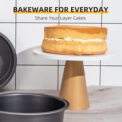 HONGBAKE Round Cake Baking Pan, 8 Inch, Shallow Cookie Pans, Layer Cake Pans with Wider Grips, Nonstick Circle Pizza Tin, Huty Duty, Dishwasher Safe, 2 Pieces- Grey