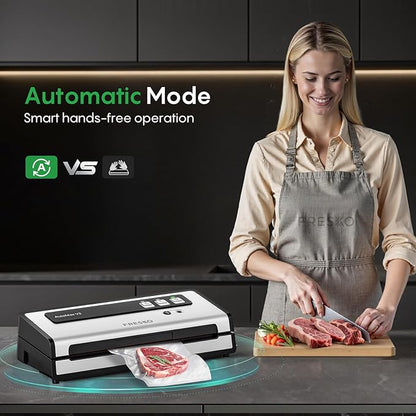 FRESKO Automatic Vacuum Sealer for Food with 95 kPa Powerful Suction, Compact Food Sealer machine Starter Kit with 10 Vacuum Bags for Dry/Moist Food, Sous Vide, Meal Prep
