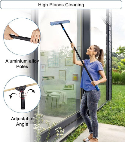 Swivel Squeegee Kit with 4 Extension Poles,Glass Scraper, Bendable Duster, 2 Window Scrubber Cloth for Glass, Car, Floor, Home,Garden