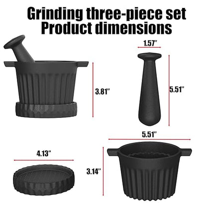 Cast Iron Mortar and Pestle & Garlic Grater Plate Set, Guacamole Bowl and Masher with Bonus Brush/Spoon, Small Mortar and Pestle Set 3-in-1 Crushing Smasher for Kitchen Spices and Pesto