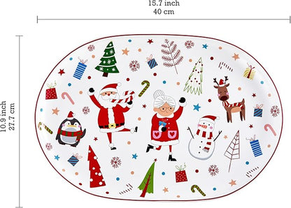 Bico Christmas Merry Crew Ceramic 16 inch plus 12 inch Ceramic Oval Platter, Set of 2, for Serving Turkey, Steak, Salad, Microwave & Dishwasher Safe