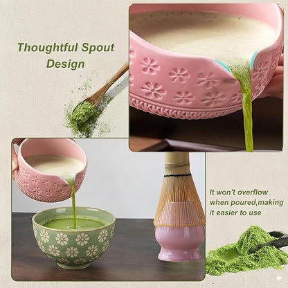 Pink Matcha Set - 5 Pcs Matcha Tea Set Includes Matcha Bowl with Spout, Bamboo Scoop, Sifter, Whisk and Holder, Matcha Whisk Set Pink Christmas Birthday Gift