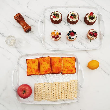TP Serving Trays with Handles, 17 x 12 Inch Melamine Serving Platters for Food, Meat, Set of 2 Rectangular Trays for Eating, White Marble