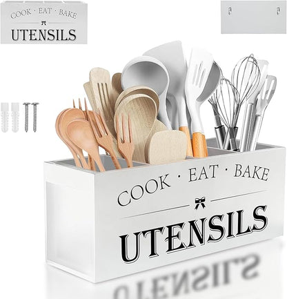 Extra Large Kitchen Utensil Holder with 4 Compartments, Wooden Countertop Organizer, Rustic Black Farmhouse Decor for Cooking Tools, Spoons, Spatulas, Knives & Forks - White Grain