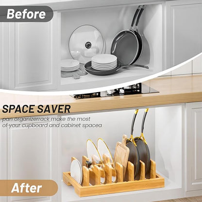 Bamboo Pot and Pan Organizer, Pot Lid Organizer Holder Rack for Countertop Drawer, Kitchen Cabinet Organizer with 7 Adjustable Dividers for Pots, Pans, Baking Sheets, Cutting Boards, Nature