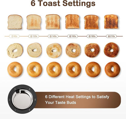 Mecity Toaster 2 Slice Stainless Steel Body, Timer, Bagel, Defrost, Reheat, Cancel Functions, Warming Rack, Removable Tray, 6 Browning Settings, Extra Wide Slots, Bread Toaster, 120V 800W Black