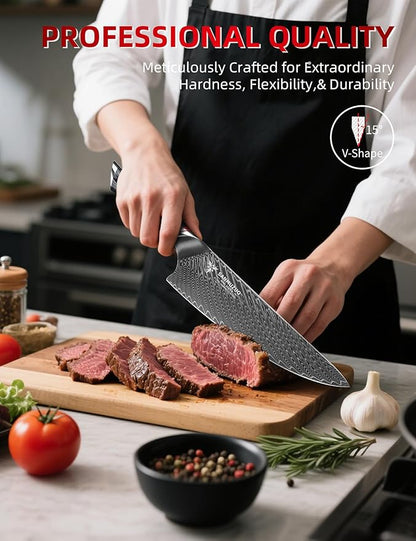 Chef Knife 8 Inch - Professional Japanese Kitchen Knife - Black Damascus Steel with Ergonomic Handle - MIAO Series