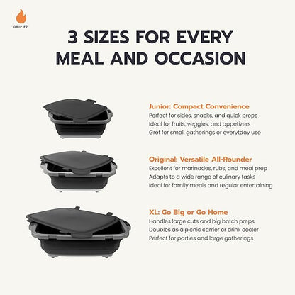 Drip EZ Collapsible BBQ Prep Tubs 3-Piece Set - For Meal Prep Marinating Food Storage - Includes Cutting Board & Lid - (1) JR + (1) OG + (1) XL - Sandstone