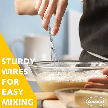 Anaeat Small Wire Whisk Set of 2, Portable Stainless Steel Kitchen Tiny Whisk & Egg Beater with Thick Wire - Sturdy Mini Mixing Balloon for Cooking, Blending, Whiping, Beating and Stirring (6" + 8")