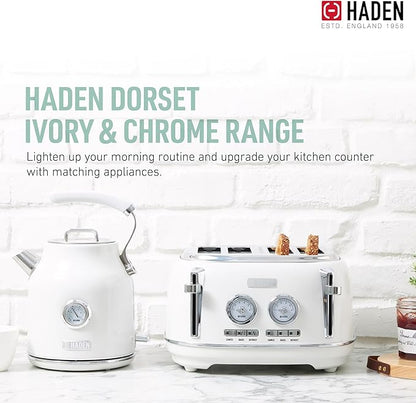 Haden Dorset 4 Slice Wide Slot Stainless Steel Toaster with Adjustable Browning Control & Non-Slip Feet, Ivory & Chrome