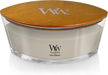 WoodWick Tonka & Almond Milk Gifts for Women and Men, 16 oz Ellipse Candle with Crackling Wick