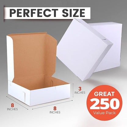 Fit Meal Prep Bakery Boxes - 250 Pack, 8 x 8 x 3 Inches, Kraft Lining, Pastry, Pie, Cookie, Dessert Boxes for Cupcakes, Chocolates, Donuts, Macarons