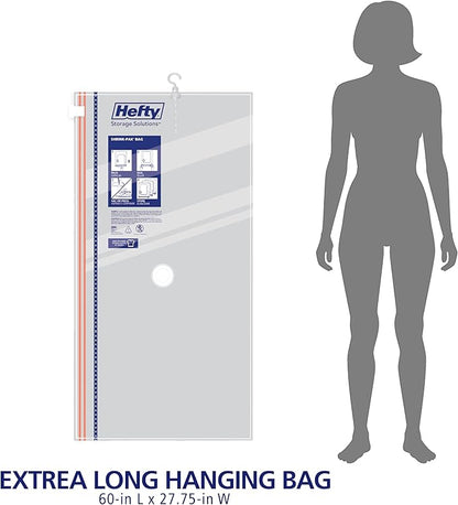Hefty Hanging Compression Bags 3 Extra Long Vacuum Garment Storage Bags for Clothes, Travel, Closet Organization (60 X 27 Inches) (X-Large)