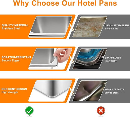 6 Set Hotel Pan 1/6 Size 4 Inch Deep Stainless Steam Table Pans with Lids Stackable Commercial Anti Jam Metal Steam Tray Catering Food Storage Steel Pan for Hotel Restaurant Buffet Party Supplies