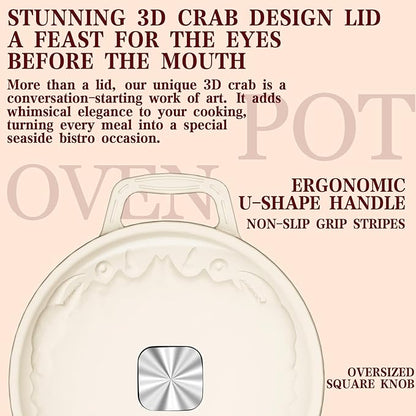 Enameled Cast Iron Dutch Oven - 5QT Dutch Oven Pot with Crab Lid & Oversized Knob & Ergonomic Handles - Heavy Duty Cookware for Braising, Stews, Roasting, Bread Baking - Cream White