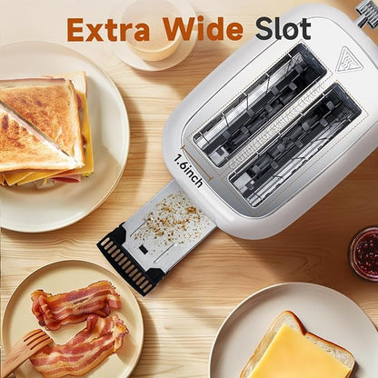 Aigostar Retro 2 Slice Toaster - Stainless Steel, Extra Wide Slots, Bagel Function, Cancel & Defrost, 6 Shade Settings, Removable Crumb Tray, White