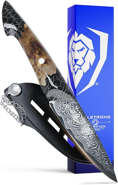 Dalstrong Paring Knife With Cover- 4”-Scorpion Series - Venom Edition - Japanese Steel Chef Knife - Spiral Sandstorm Blade Pattern - Black Honeycomb Resin Handle - w/Leather Sheath