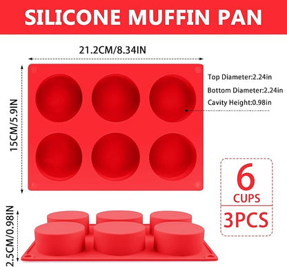 3-Pack 6-Cup Silicone Muffin Pan - Non-Stick Baking Mold for Cupcakes, Muffin Cupcake Pans Molds for Baking, Cornbread, Eggs - Red