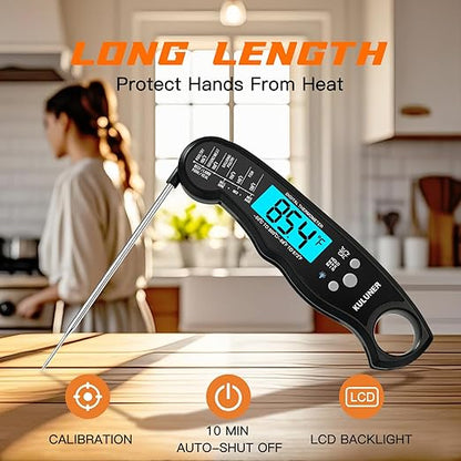 KULUNER TP-01 Waterproof Digital Instant Read Meat Thermometer with 4.6 Folding Probe Backlight Calibration Function for Cooking Food Candy, BBQ Grill, Liquids,Beef(Black)